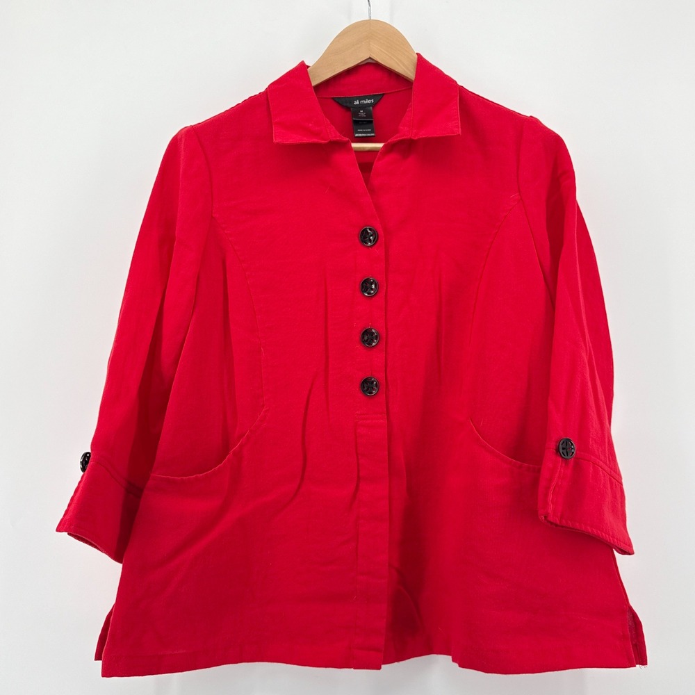 Ali Miles Womens Red Button Front Collared 3/4 Sleeve Tunic Top Medium Lagenlook